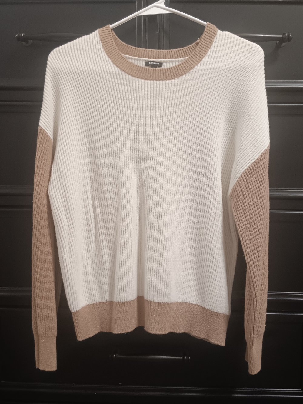 Express Cream and Tan Ribbed Crewneck Sweater